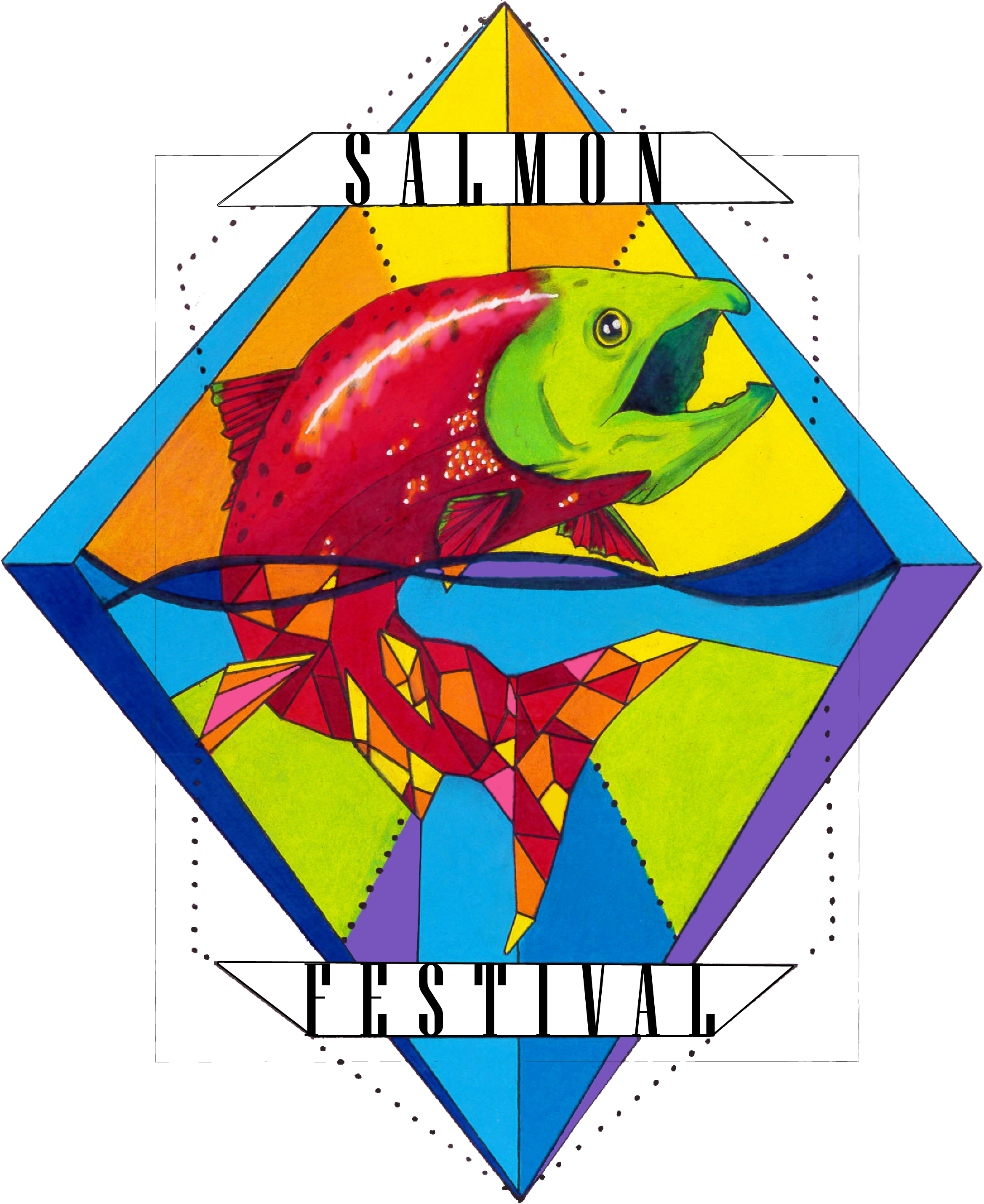 Colorful Salmon Festival logo with single salmon jumping out of stained glass style water.