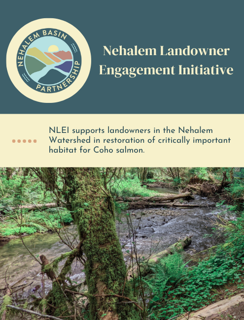 A green and cream colored rectangle with the Nehalem Basin Partnership logo in the upper left corner and the words Nehalem Landowner Engagement Initiative above a photo of a stream surrounded by dense forest.